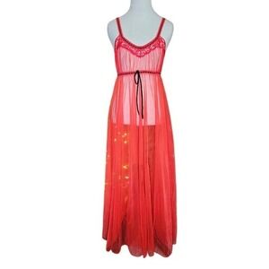 Vintage Sears Red Sheer Maxi Nightgown‎ Babydoll Nighty Womens Small